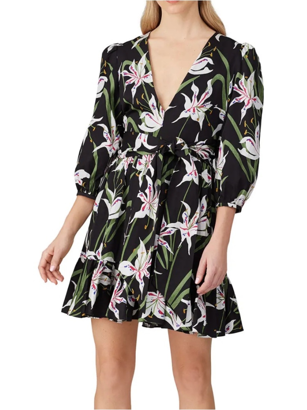 Borgo De Nor Anita Black Floral Ruffle Tie Waist Mini Dress Women’s Size 6